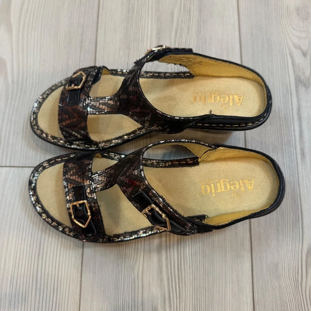 Alegria Lara Shmancy Bronze Metallic Leather Wedge Sandals 38 US 8-8.5 NEW